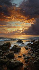 Dramatisches Ölgemälde im Impasto-Stil: Sonnenuntergang am Meer von Artistic