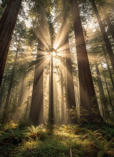Ethereal Redwood Sanctuary: Sunbeams in the Ancient Forest