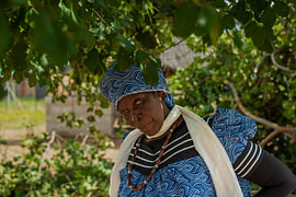 Eine einheimische Afrikanerin in traditioneller blauer Tracht unter schattenspendenden Bäumen von Johannes Jongsma