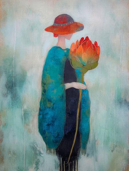 Woman with large flower in a blue garden cloak - dreamy painting in soft tones by But First Framing