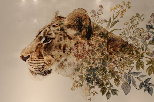 Tigerprofil in warmem Blumennebel