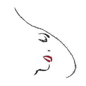 Stylish in white (line drawing portrait woman hat minimalism abstract line art mouth red lipstick von Natalie Bruns