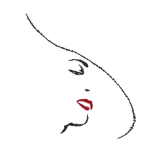 Stijlvol in wit (lijntekening portret vrouw hoed minimalisme abstract line art mond rode lippenstift