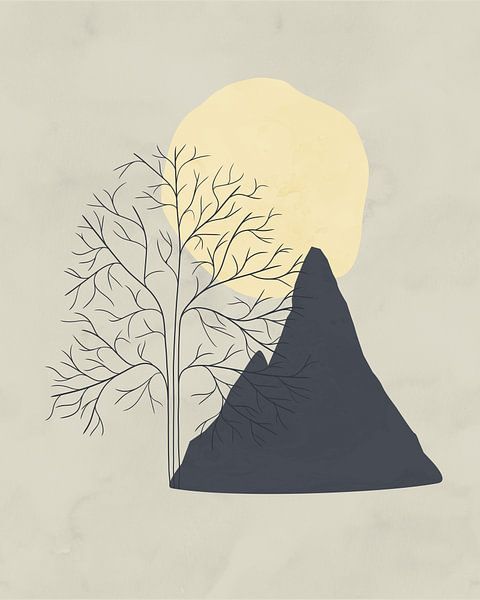 Minimalistisch landschap met een berg en een boom