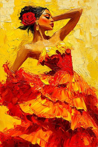 Danseuse de flamenco tourbillonnante dans les tons rouge et jaune