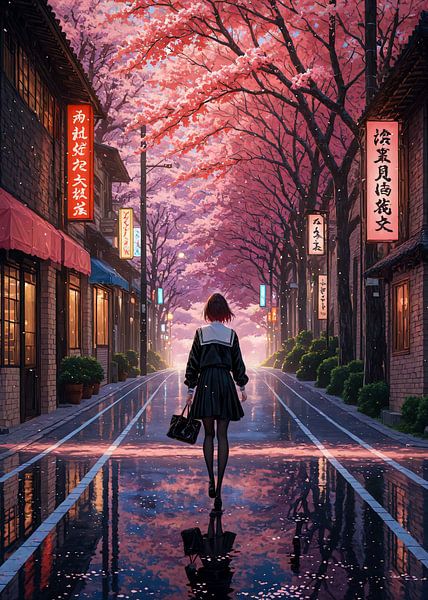 Anime Mädchen Kirschblüte Sakura Frühling Tokio Straße Japan von Ruzerin