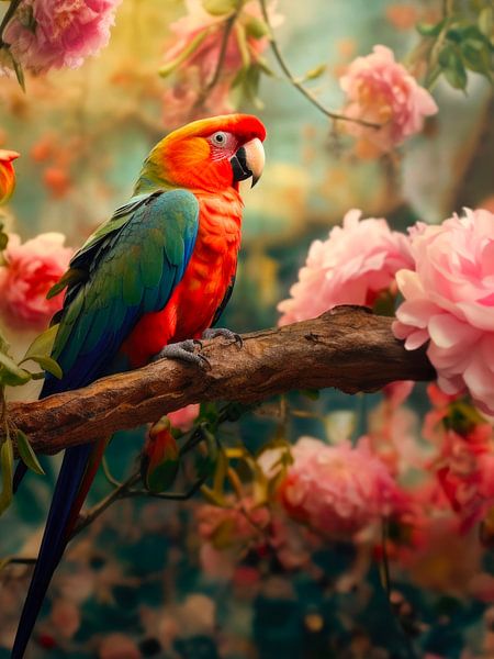 Papagei zwischen rosa Blüten – Farbenfrohes Gemälde von Joriali Fotografie und Gemälde