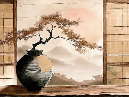 ZEN : Nature morte avec un bonsaï et vue sur un paysage montagneux