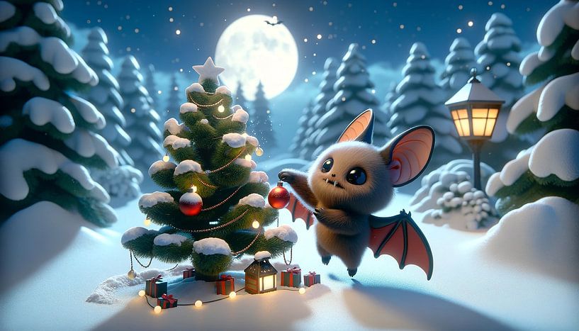 Bat decorates Christmas tree in the moonlit snow by artefacti