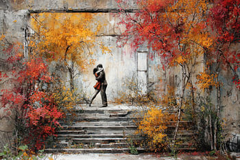 Street Art Koppel - Herfstkleuren Dromerig Schilderij