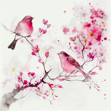 Fleurs de cerisier roses et oiseaux roses sur Bianca ter Riet