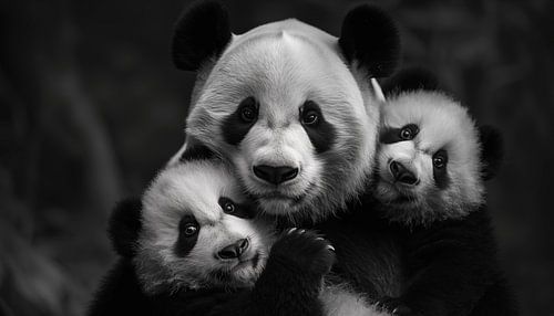 Panda-Familienpanorama schwarz-weiß