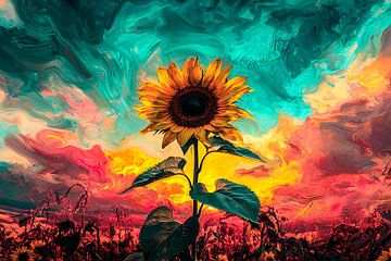 Kleurrijke zonnebloem tegen abstracte lucht van Imperial Art House