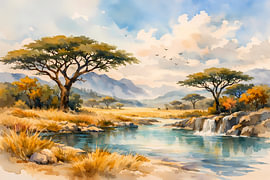 Afrikaanse savanne als aquarel met acaciabomen en een rivierlandschap van ButterflyPix