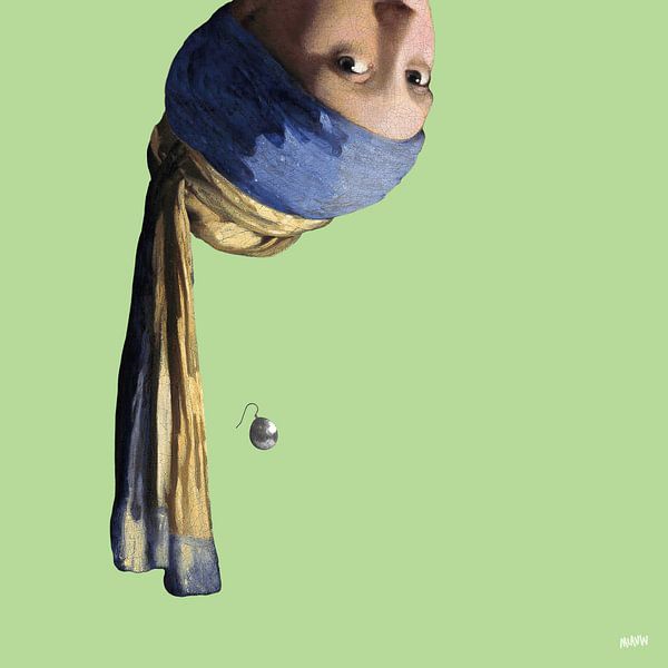 Vermeer Mädchen mit dem Perlenohrring Kopfüber – pop art hellgrün von Miauw webshop