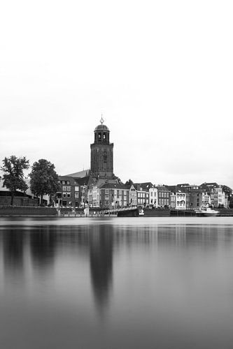 Cityscape Deventer with IJssel and Lebuinus church, Black and White