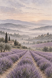 Provence Dawn: Misty Lavender Fields and Rolling Hills by Alfonz