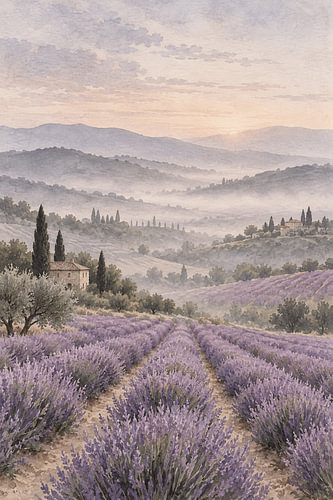 Zonsopgang in de Provence: mistige lavendelvelden en glooiende heuvels