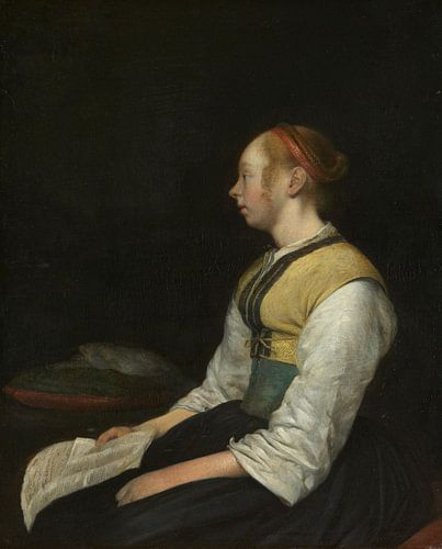Zittende jonge vrouw in het kostuum van een boerenmeisje, Gerard ter Borch (II), ca. 1650 - ca. 1660