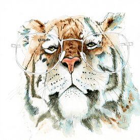 'Look at me' - schilderij van stoer kijkende tijger met bril van Carmen de Bruijn
