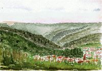 Dorf im Tal umgeben von Wald und Wiesen -  Aquarell gemalt von VK (Veit Kessler)