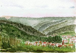 Dorf im Tal umgeben von Wald und Wiesen -  Aquarell gemalt von VK (Veit Kessler)