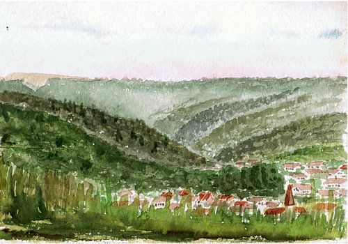 Dorp in het dal omgeven door bos en weiden - aquarel geschilderd door VK (Veit Kessler)