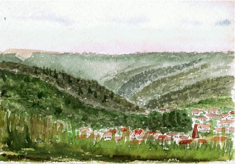 Village dans la vallée entouré de forêts et de prairies - aquarelle peinte par VK (Veit Kessler) par ADLER & Co / Caj Kessler