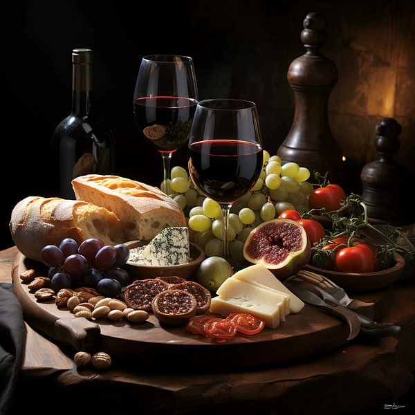 stilleven van wijn, kaas en brood by Gelissen Artworks