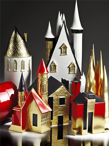Miniatuur stad kasteel huizen wit rood zwart goud art deco surrealistisch