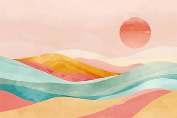 Abstracte pastelkleuren landschap met glooiende heuvels van De Muurdecoratie
