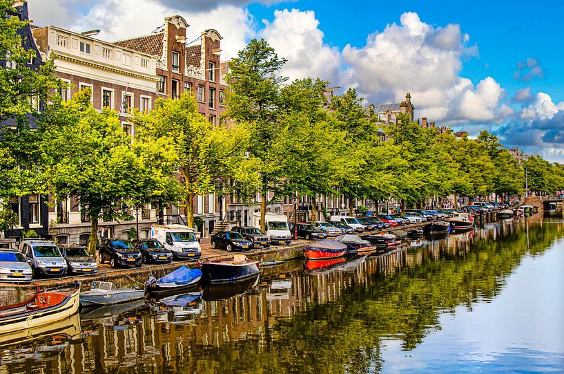 Reflection of boats street and houses in a canal in Amsterdam Netherlands by Dieter Walther