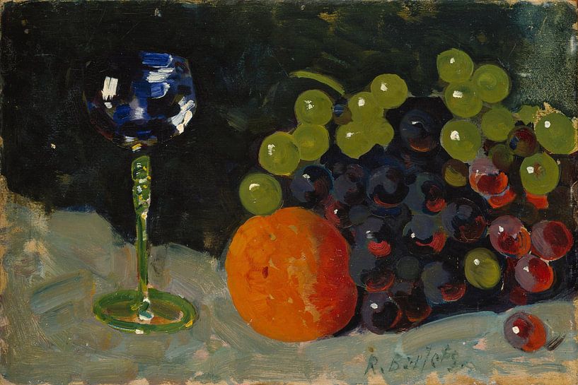 Rudolf Bartels~Stilleben mit Weinglas, Trauben und Blutorange von finemasterpiece