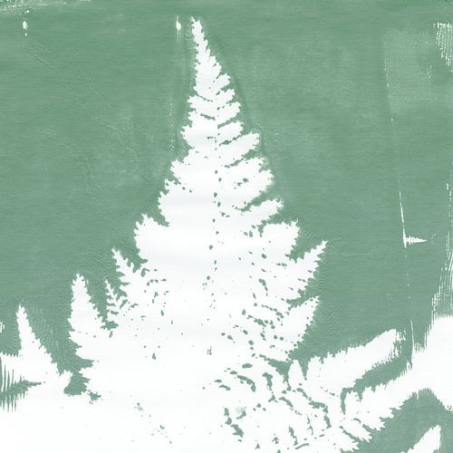 Botanische kunst in Japandi  stijl. Varenblad in mintgroen en wit