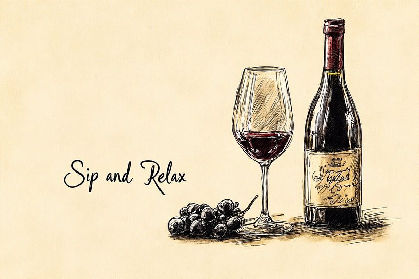 Wine bottle and glass art print by Art & Soul Creations