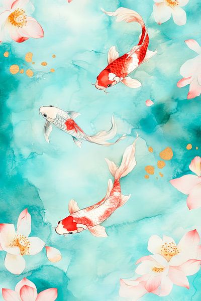 Koi fish in blooming water - watercolour by Poster Art Shop