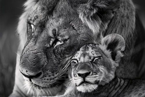 Knuffelende leeuwen in zwart-wit fotografie