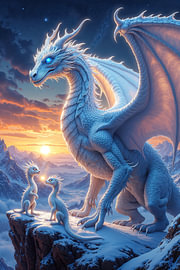 Fantasy Art Wandbild: ALTHYR – Der weiße Drache mit seinen Jungtieren von INFERAURUM - Dark Fantasy Wall Art & Poster