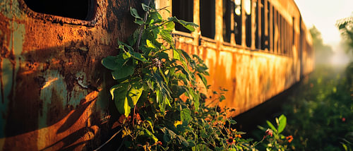 Rusted train with plant growth