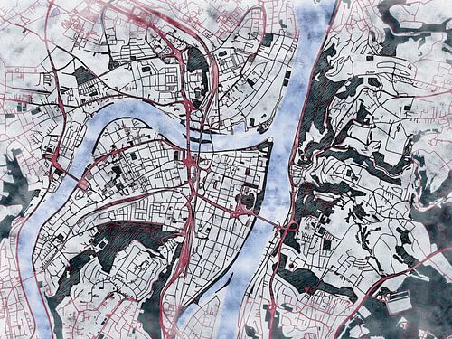 Kaart van Koblenz center in de stijl 'White Winter'