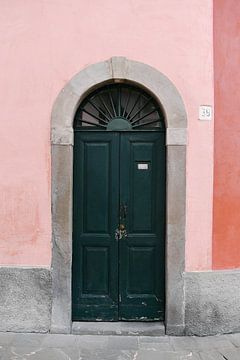 Groene deur in Iseo | Italië | Roze | Kleurrijke reisfotografie van Mirjam Broekhof