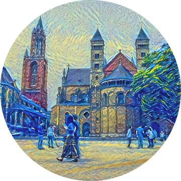 De kerkentweeling op het Vrijthof van Maastricht in de stijl van Van Gogh: Sint Servaasbasiliek en S van Slimme Kunst.nl