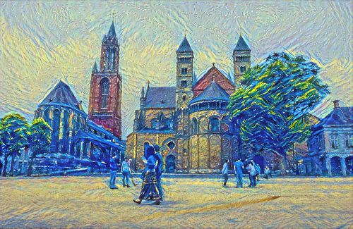 De kerkentweeling op het Vrijthof van Maastricht in de stijl van Van Gogh: Sint Servaasbasiliek en S