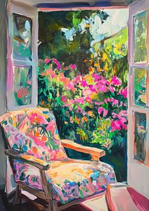 Matin d'été avec fauteuil &amp ; jardin de fleurs