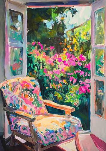 Summer morning with armchair & flower garden
