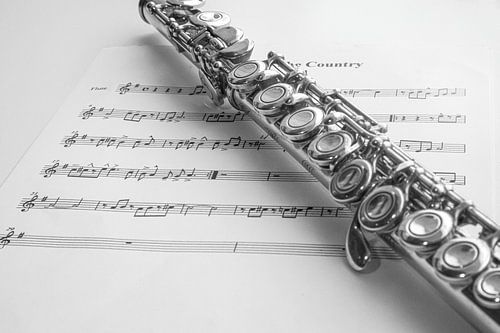 Transverse flute and sheet music, in black and white