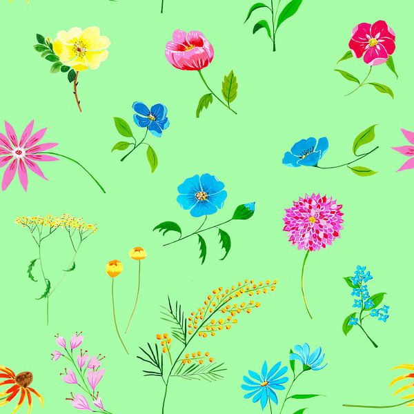 Fleurig naadloos bloemenpatroon op groene achtergrond van Ivonne Wierink