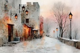 Winteravond in het Dorp - Nostalgisch Schilderij van Peter Pen tekeningen en schilderijen