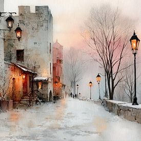 Winter Evening in the Village - Nostalgic Painting by Peter Pen Drawings and Paintings