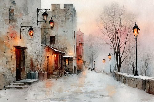 Soirée d'hiver au village - Peinture nostalgique sur Dessins et peintures de Peter Pen